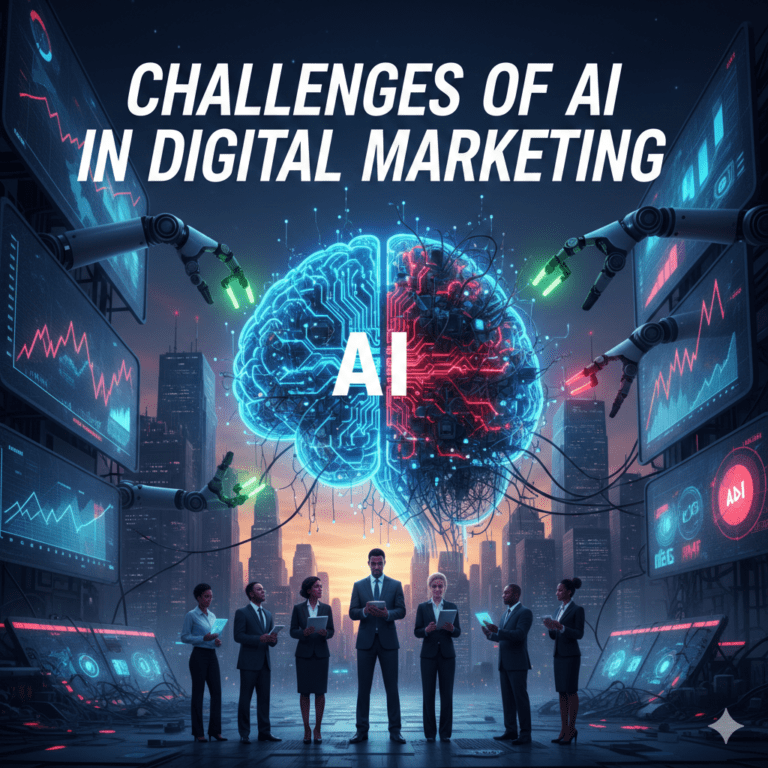 AI Impact Summit 2026 highlighting challenges of AI in digital marketing with data analytics dashboards, automation robots, and business professionals.
