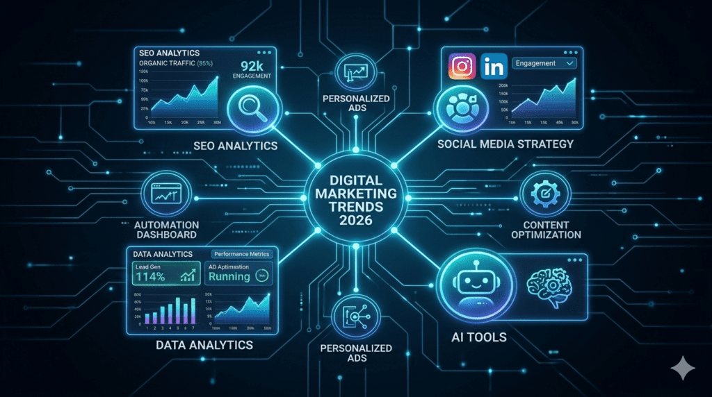 “Digital Marketing Trends 2026 concept showing AI tools, SEO analytics, social media strategy, data analytics dashboard, and automation technology in a futuristic design.”