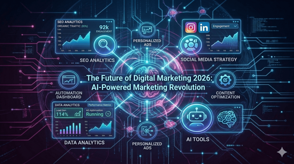 A futuristic infographic illustrating The Future of Digital Marketing 2026 as an AI-powered revolution. Central to the image is a stylized digital brain, representing artificial intelligence. This brain is encircled by a complex network of interconnected glowing nodes, each pointing to key marketing disciplines: SEO Analytics, Automation Dashboard, Data Analytics, Personalized Ads, AI Tools, Content Optimization, and Social Media Strategy. Data dashboards with charts and graphs display hypothetical performance metrics like high engagement and lead generation. The overall design features vibrant blue and magenta circuit lines against a dark background, showcasing an integrated ecosystem where AI drives every facet of marketing.