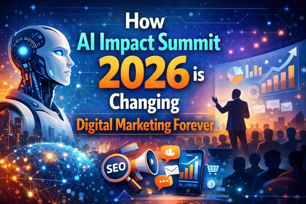 AI Impact Summit 2026 changing digital marketing forever with AI robot, SEO analytics, growth charts and future marketing technology concept.
